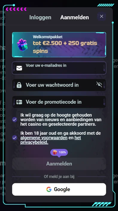 NeedForSlots Casino registratieformulier met welkomstbonus en gratis spins