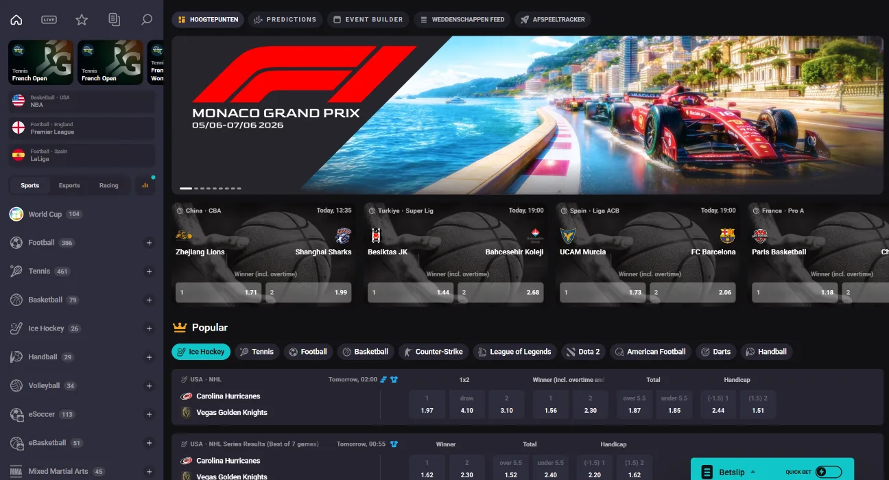 NeedForSlots Casino sportweddenschappen homepagina met Formule 1 banner en live wedstrijden