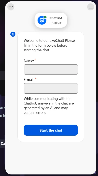NeedForSlots Casino chatbot livechat formulier met naam- en e-mailvelden